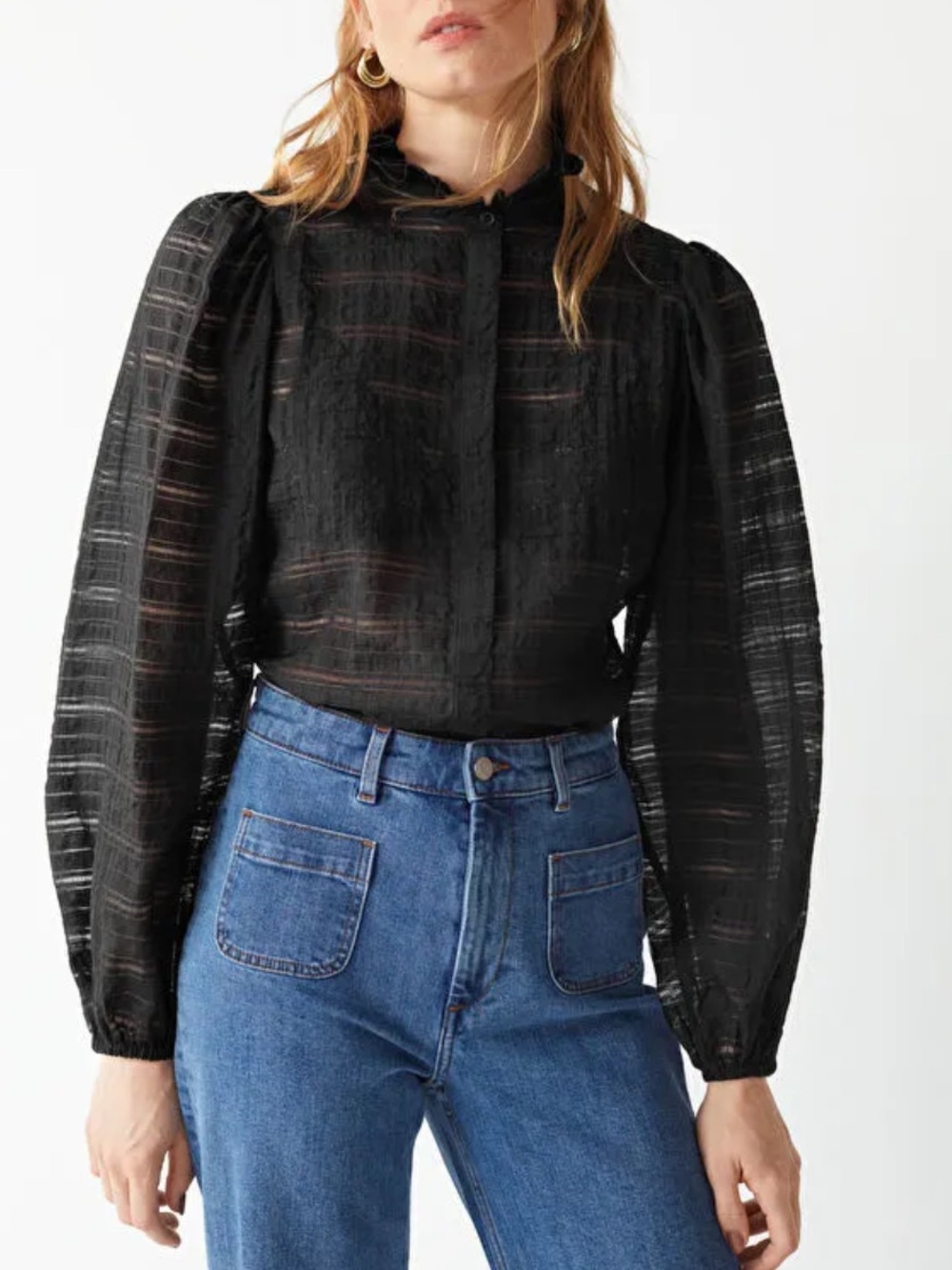 & Other Stories Frill Collar Semi Sheer Blouse in Black Size 0